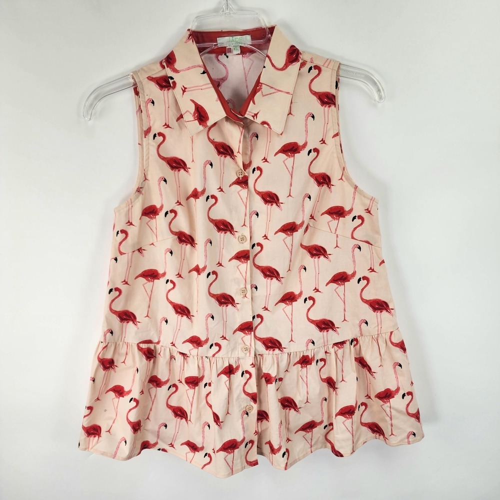 Jade Melody Tam Top Women's XS Pink Flamingo Sleeveless Button Front Ruffle Hem